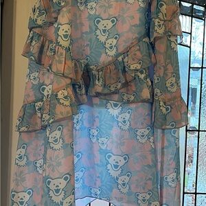 Grateful Dead Bear Print Midi Skirt in Blue and Pink